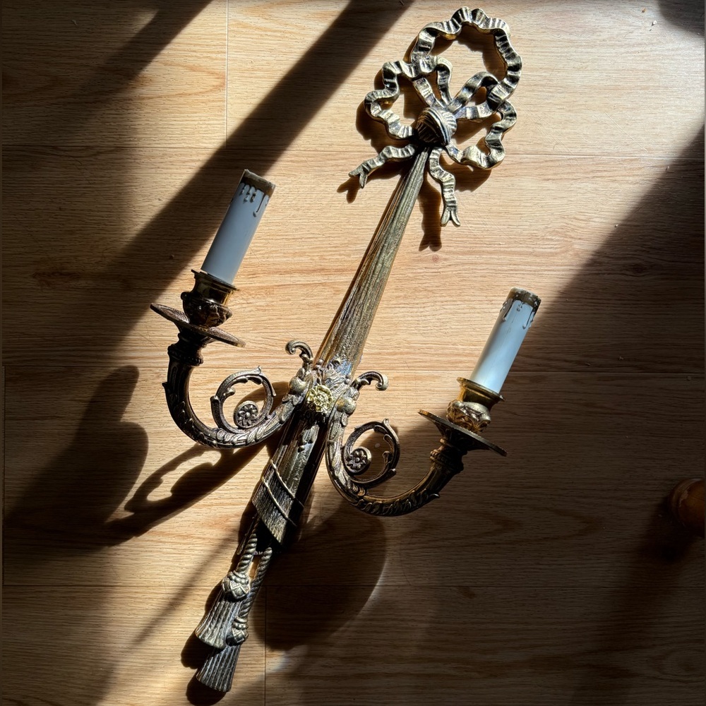 Vintage Louis xvi ribbon bow gold gilded double arm electric candle wall sconce